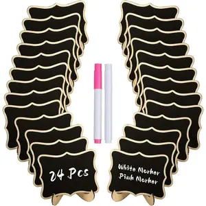24 Pack Mini Chalkboard Signs for , Small Chalkboard Signs with Stands Chalk Markers & Replacement Stickers,  Wooden Labels for Party Buffet Wedding, Blackboard Place Cards, Wavy