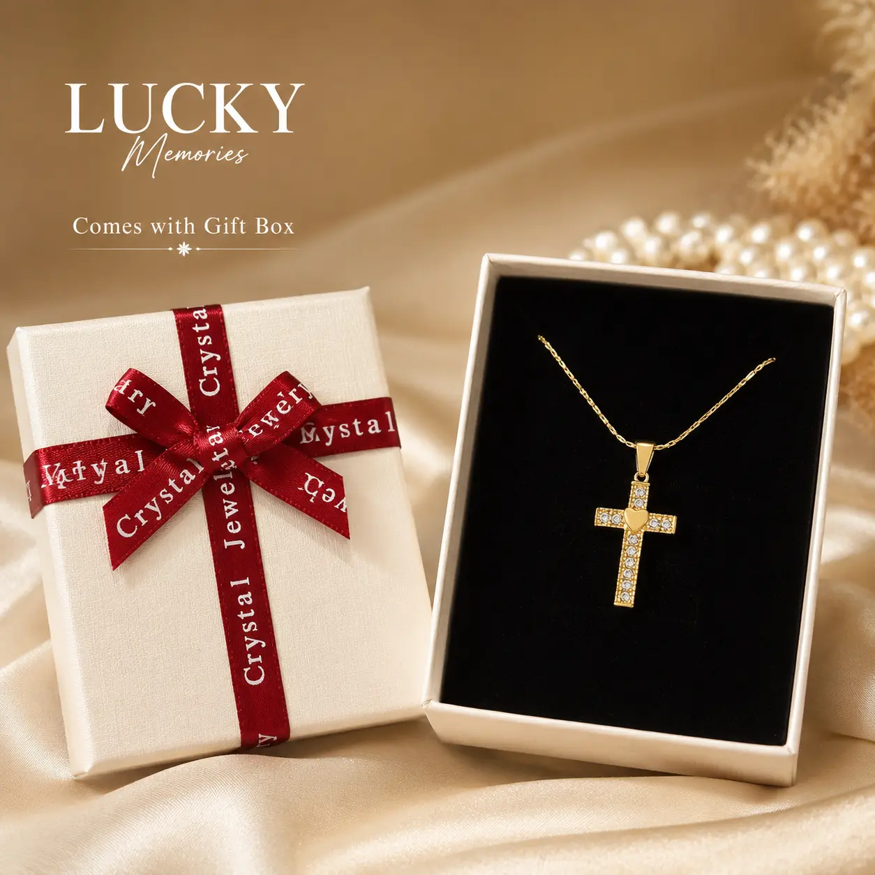 Gold Cross Pendant Necklace with Classic Paved Rhinestones, Dainty Beaded Chain for Women & Girls, Christian Faith Birthday Gift