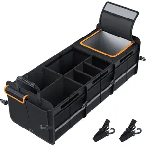 Large Trunk Organizer With Built-in Leakproof Cooler Bag, 2 Tie-Down Straps, 4 Removable Dividers, Foldable Cover, Built with 2mm PE Board