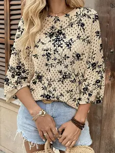 Spring Summer Women's Hollow Out Batwing Sleeve Knit Top, Colorblock Floral Print, Casual Elegant Commuter Wear, Boho Beach Cover-Up