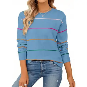 Womens Sweaters Crew Neck Knit Long Sleeve Striped Sweater Fall Outfits for Women
