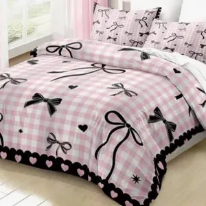 Bow Duvet Cover Set, Twin Size, Girls' Bedding Set, Plaid Comforter, Teenage & Young Women Room Decor, Lace Stripe Sheet, 2 Pillowcases, Washable Removable Covers