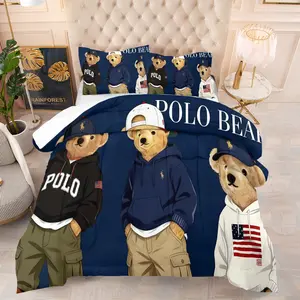 Teddy bear printed pattern bedding set, including 1 blanket and 1 or 2 pillowcases without pillowcases, soft children's or adult bedroom decoration gift