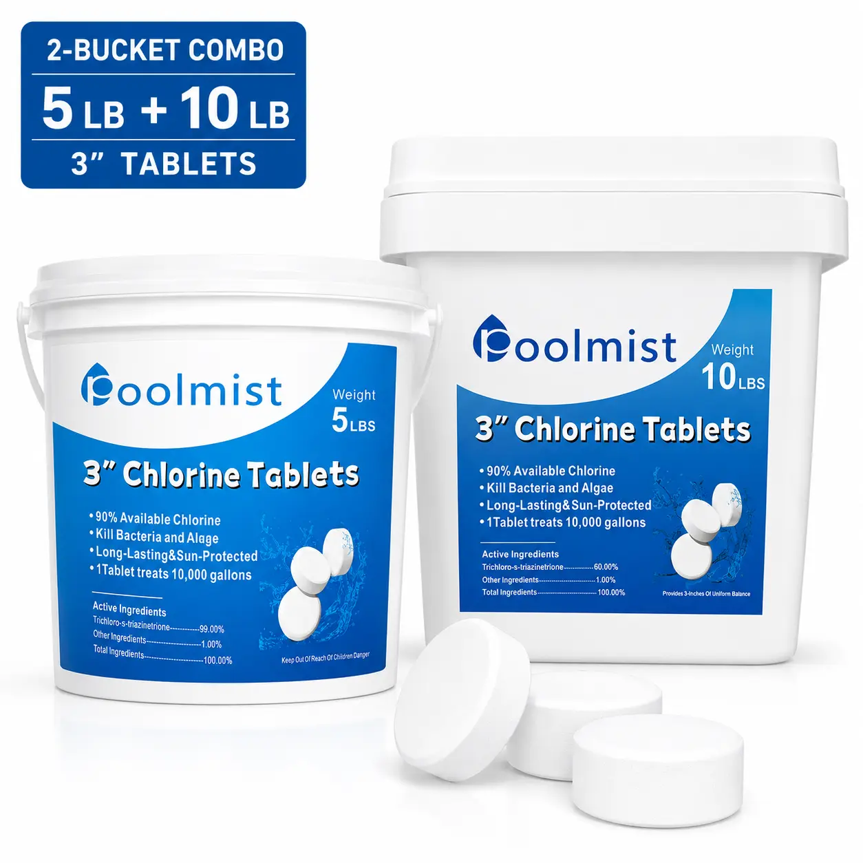 3 Inch Chlorine Tablets for Pool – 15 lbs Total (10 lbs + 5 lbs Combo), Slow Dissolving Stabilized Chlorine for Crystal Clear Pool Water