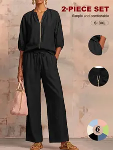 Women's 2 Piece Lounge Set, Casual Zip-Up Top & Wide Leg Pants, Comfortable Travel, Plus Size Loose Fit, Spring 2026