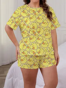 Women's Sleepwear Set, Cute Duck Print Pajamas, Lady Comfortable Short Sleeve Round Neck Shirt & Loose Elastic Shorts, All Seasons, Loungewear, Womenswear