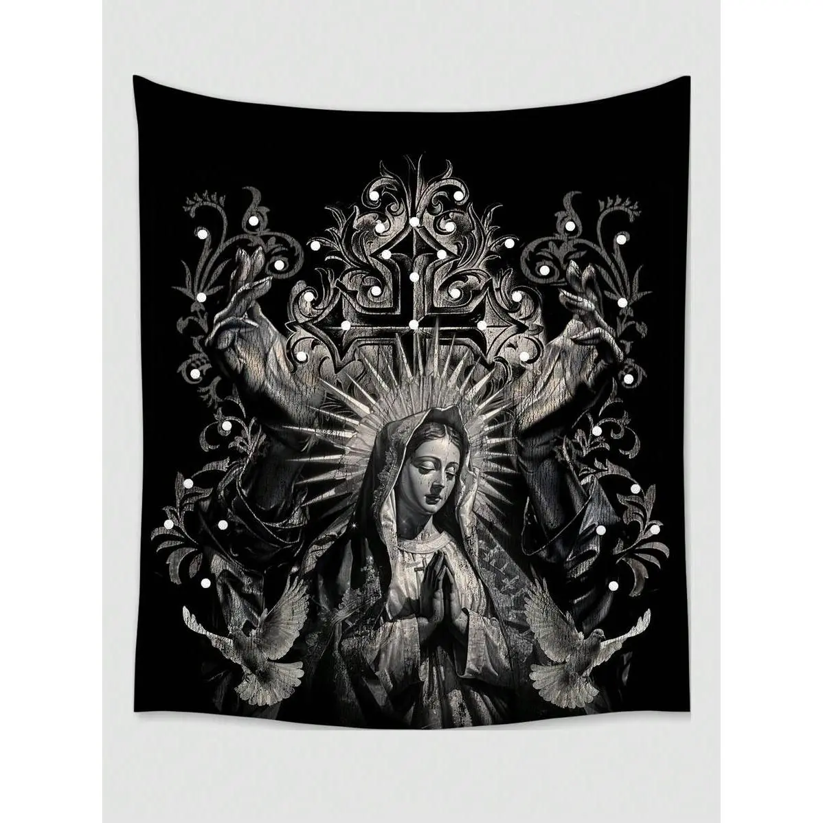 Goth Dark Holy Lady Tapestry, Sacred Heart and White Dove Graphic, Gothic Cross Printed Wall Hanging, Dark Aesthetic Bedroom Decor, Ethereal Religious Art Wall Banner, Moody Living Room Backdrop