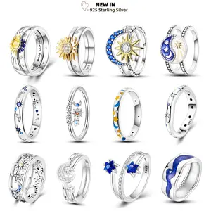 Rings For Women 925 Sterling Silver Star Moon Sun Blue Zircon Size 6-9# Overlap Original Ring Fine Wedding Engagement Jewelry