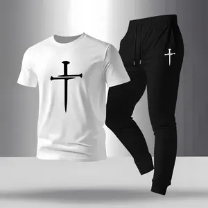 Men's Christian Faith print T-shirt and drawstring belt sweatpants two-piece set, regular fit crew neck short-sleeved T-shirt and jogging pants, summer casual top and sweatpants.