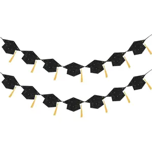 Graduation Decoration Banners 2026 Black Glitter Graduation Hats with Tassel Banners Garlands Class of 2026 Banners for College High School Graduate Party Decorations