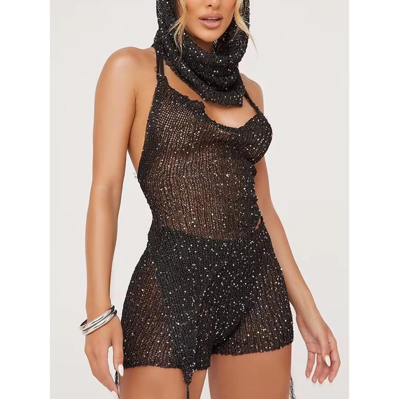 Women's 3-Piece Sports Clothing Set - Sleeveless Sequin-Knit Backless Asymmetrical Halter Top, Crochet Cutout Mini Shorts, Hooded Party Headpiece, Body-Sculpting Women's Clothes for Festival Outfits, Clubbing, Lady