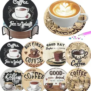 8 pieces/set of diamond art painting coasters with holders, DIY animal coffee pattern diamond art coasters, suitable for both adults and beginners as diamond painting sets, diamond set craft supplies, exquisite gifts for friends