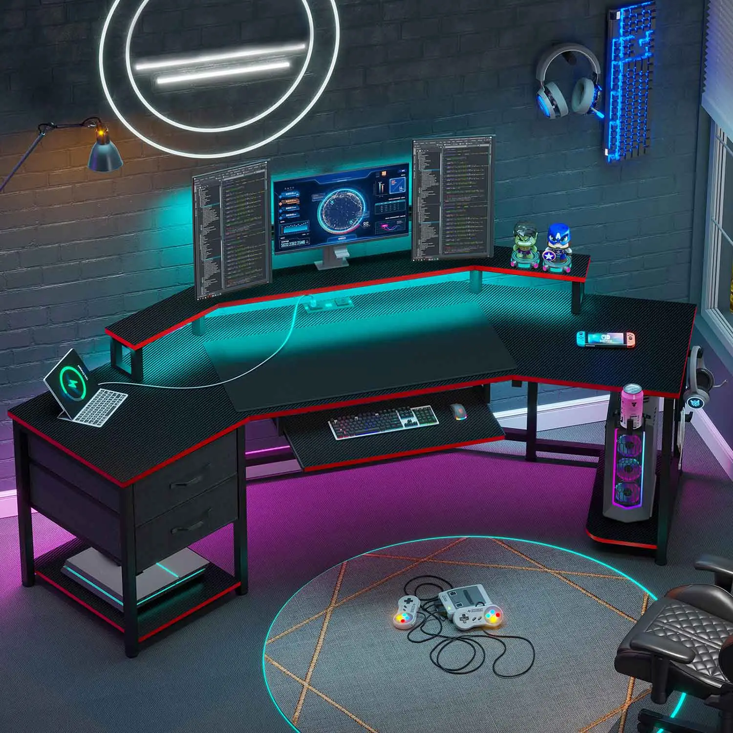 Sedeta 79-in Modern L-Shaped Home Office & Gaming Desk, with 2 Fabric Drawers, 3 Monitor Risers, 22-in Keyboard Tray, LED Table Light Strip, Mousepad, Headphone Hooks, Home Office Desk, Gaming Accessories, Desks For Gaming