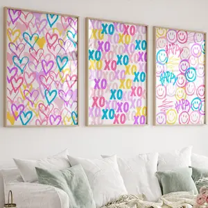 Colorful preppy print, Graffiti hearts wall art, Happy face print, Teenage girl room decor, XOXO, Trendy prints Set of 3 Poster No Frame,  Classroom decor