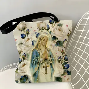 Elegant Virgin Mary Handbag with Rose and Blue Decorations, Durable Material, Spacious, Ideal for Church, Shopping, Daily Use, Handcrafted Bag