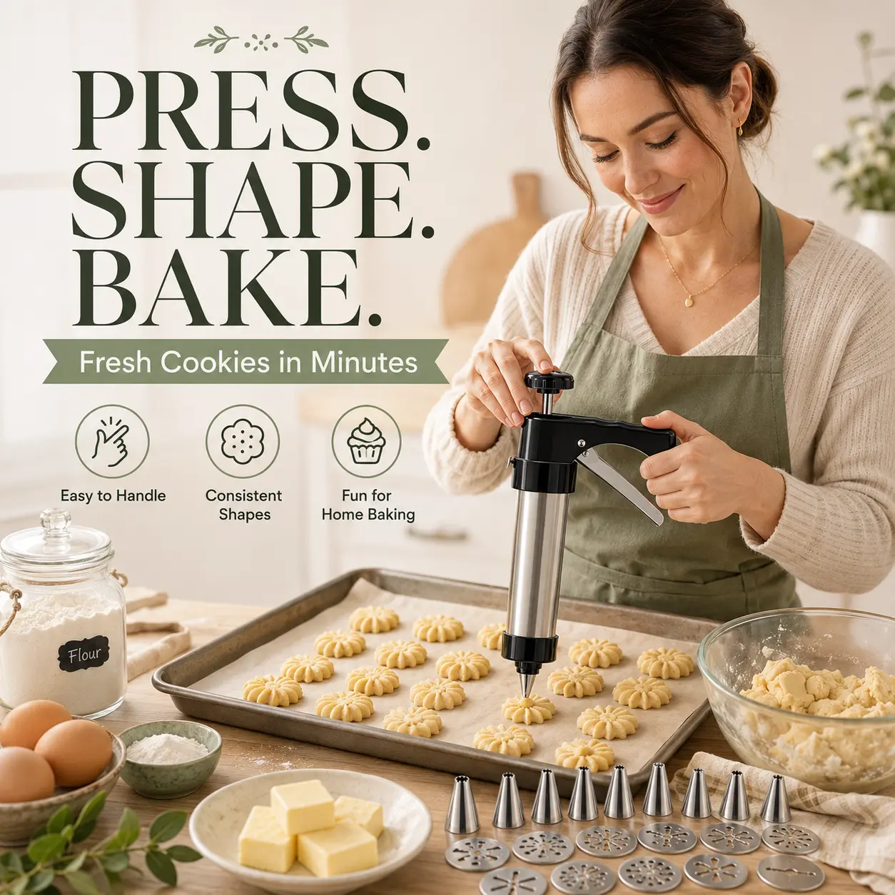 Multi-Purpose Cookie Press & Decorating Kit, 21-Piece Baking Set with 13 Discs & 8 Tips for Cookies, Churros, Cheese Straws & Desserts