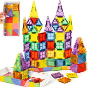 Cossy Mini Magnetic Tiles, 80 PCS Magnet Tiles Travel Toys with Iron Box, Travel Magnetic Tiles for Restaurant, Car & Plane Play, Toys for 3 4 5 6 7 8 Year Old Boy and Girl