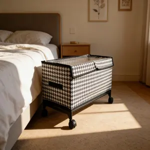 Large-capacity pulley headboard storage box - dustproof, adjustable design, suitable for all four seasons, hand-washable polyester fiber - stylish black and white houndstooth pattern for bedroom organization, under-bed storage (DM100)