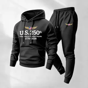Men's Minimalist 2-Piece US 250th Anniversary Letters Print Polyester Tracksuit - Breathable Longsleeve Loose Hoodie, Drawstring Sweatpants Set, Casual Athletic Fall Winter Wear, Indoor Outdoor Athleisure