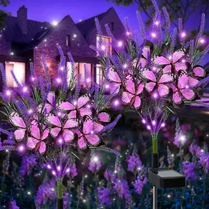 2026 New Solar Butterfly Lavender Lights, 7 Heads 49LED Purple Spring Garden Stake Lights, Provence Sea of Flowers for Home, Romantic Atmosphere Lights for Yard, Easter, 4th of July, Wedding, Party, Mother's Day Gift & Festival Outdoor Display Lighting
