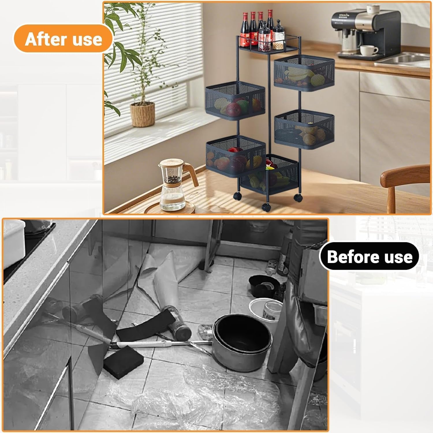 5 Tier Rotating Rolling Storage Cart with Top Lid & 360° Wheels, Metal Mesh Rolling Cart Organizer for Fruits Vegetables Groceries Potato Onion Corns, Kitchen Storage Cart No Assembly Black