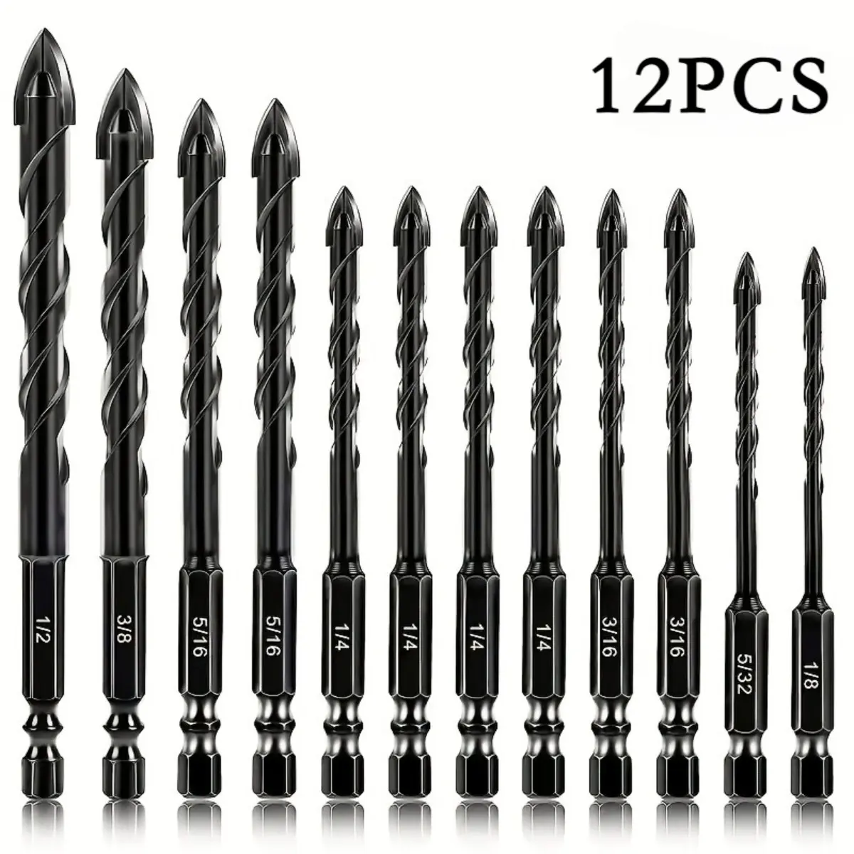 12PCS Tungsten Steel Hex Shank Drill Bits, Heavy Duty Carbide Drill Set for Concrete Tile Glass and Cement Wall Drilling, Durable DIY Construction Repair Tool Kit