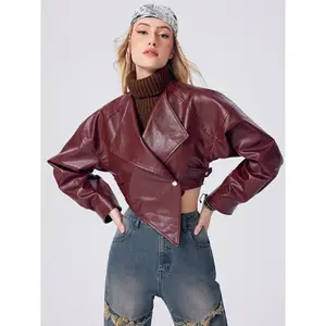 Cider [size 2-10] Solid Faux Leather Button Up Asymmetrical Crop Jacket