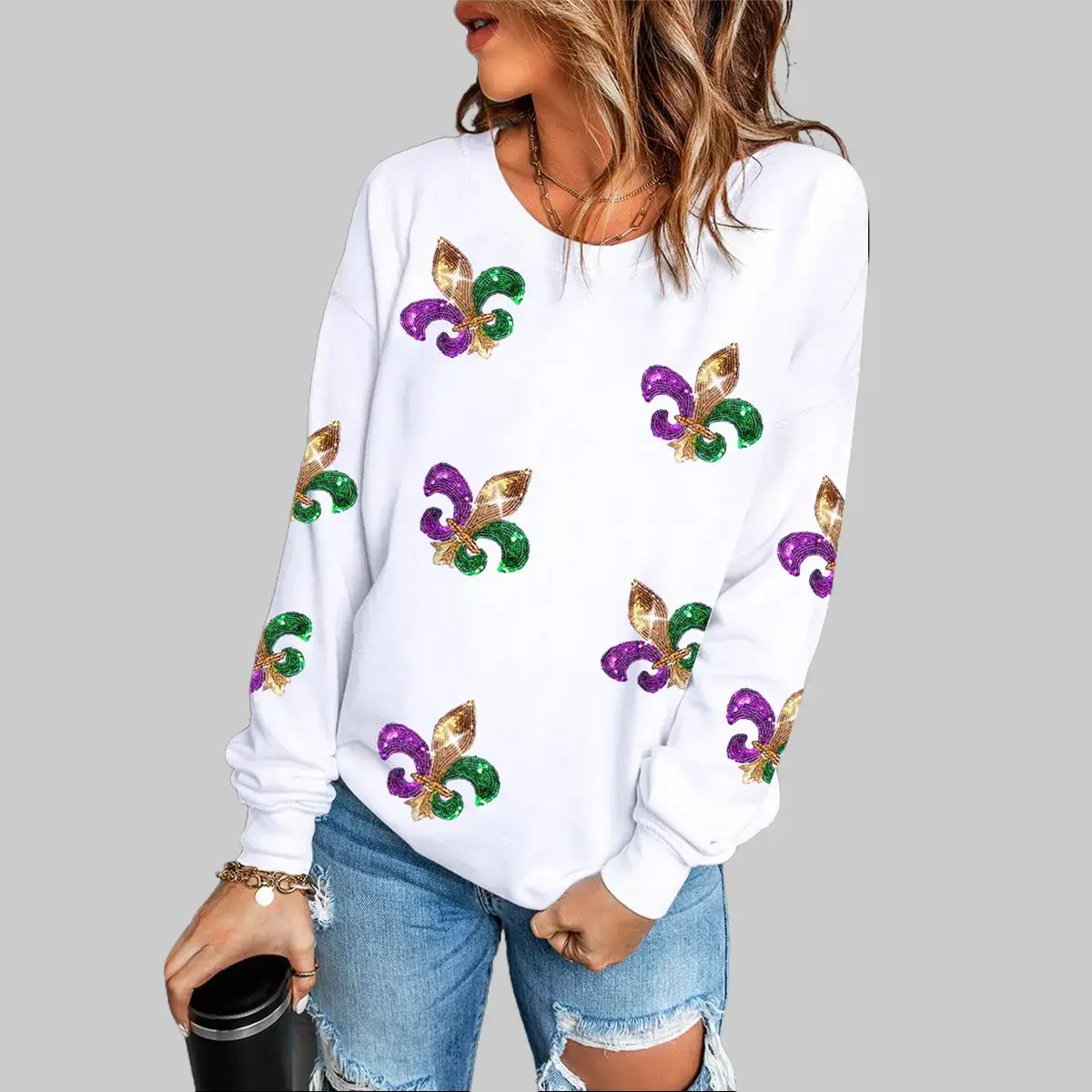 S-3XL 50%Cotton Crew Neck Pullover HoodieMetallic Shimmer Sequin Mardi Gras Graphic Hoodie, Loose Relaxed Fit Casual Athletic Top, Trendy Carnival Party Long Sleeve Outfit, Plus Size Friendly Daily Holiday Wear, Athletic Wear, Lady