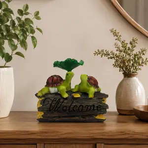 1 Pc Twin Turtles Welcome Sign Statue | Natural Garden Pastoral Style | Hand-painted Carved Base, Welcome Decor | For Gardening & Home Decor Lovers | Perfect for Garden/Entryway & Gifting