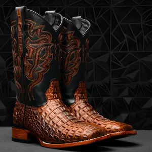Metallic Cognac Caiman Hornback Leather Boots - Square Toe Metallic Cognac Caiman Hornback Leather Boots - Square Toe