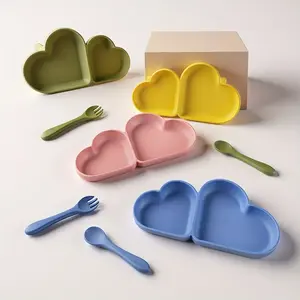 1PC Double Heart Silicone Suction Plate, Divided Compartment Baby Food Plate, Strong Suction Base, Self Feeding Training, Safe for Microwave Oven Dishwasher, Multiple Colors Available