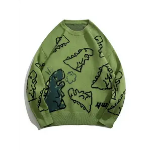 Mens Cartoon Dinosaur Pattern Viscose Knitted Crew Neck Pullover Sweater - Soft, Warm, Slightly Stretchy, Long Sleeve, Regular Fit - Perfect for Fall and Winter Casual Wear