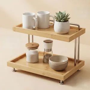 Bamboo Two-Tier Rack,Tabletop Organizer for,, Office, and Home Use