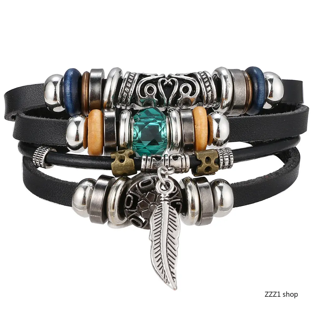 Vintage Punk Bracelet Set for Men, Multi-Layer Braided Black Leather and Wood Bead Jewelry with Owl & Feather Charms for Casual Wear, Bird, Unisex, Punk Vintage, All Seasons, Punk Charm
