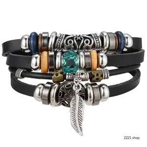 Mens Leather Bracelet Set Vintage Braided Owl Feather Punk Wristbands Multi Layer Wood Beaded Bangle Pack Guys Tribal Boho Holiday Casual Jewelry