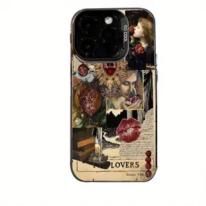 Retro Oil Painting Lip Print Collage Suitable for TPU Pattern iPhone 16 Pro Max Case, iPhone 15 Pro Max/14/16 Plus/13 Pro/12/11/X/XS Max Business Anti-Drop Colorful Silvery PC Protective Cover High Aesthetic
