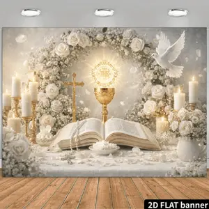 2D Flat Banner Polyester Photography Backdrop, Soft Lightweight Foldable HD Digitally Printed White Gold Religious Theme Background Cloth for First Communion, Baptism, Christening, Wedding, Party, Event Decor, and Portrait Studio