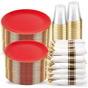 350PCS Red Plastic Plates - Heavy Duty Red Plates Disposable - 50Guest Christmas Dinnerware Include 50Dinner Plate,50Dessert Plate,50Pre Rolled Napkins with Silverware for Christmas&PartyPulseTrail5C28ChicLadyHub