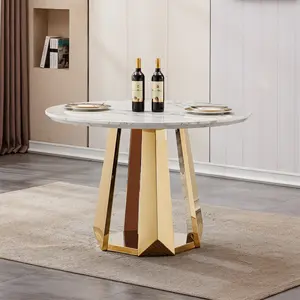 47" Round Dining Table, Modern & Mid-Century Kitchen Table with High-Gloss Waterproof Faux Marble Tabletop, Stain-Resistant, Gold Stainless Steel Base for Dining Room, Open Plan, Apartment, Home Office (Gold White)