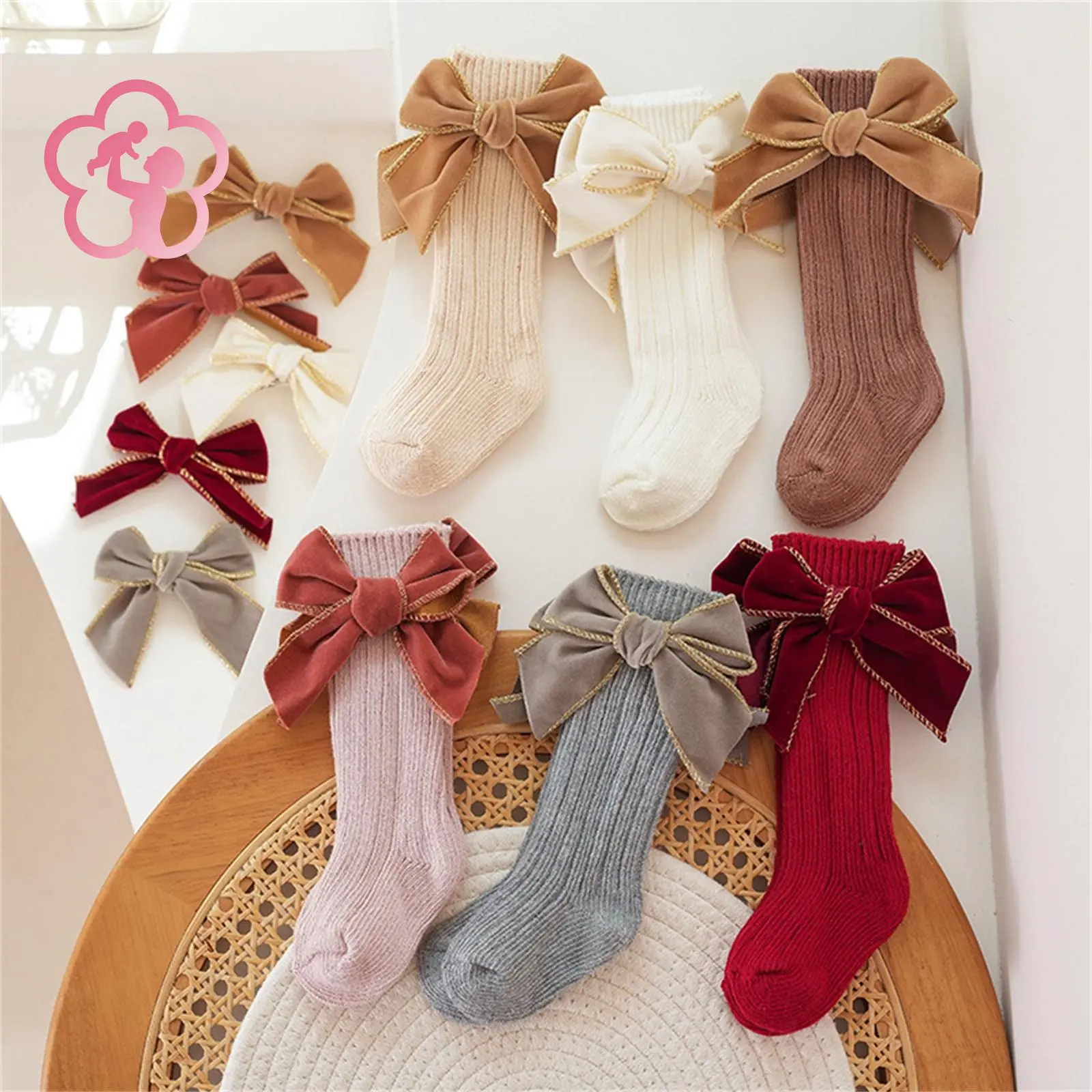 GCB 4 Pair Christmas Socks Baby Girl Knee High Socks Soft Long Socks Cotton Stockings with Velvet Bows for Infants Toddlers