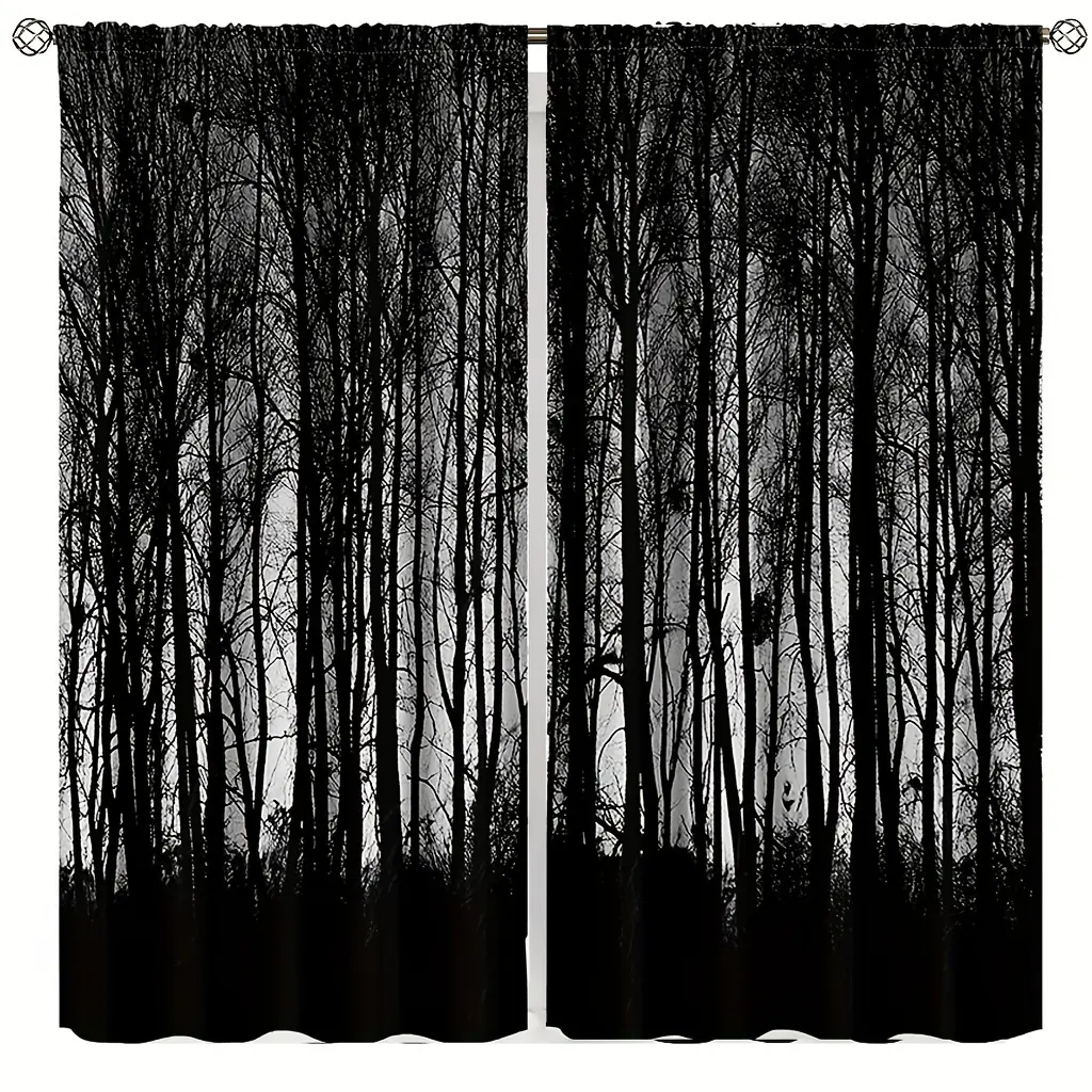2pcs Gothic Black Forest Curtains, Gloomy Dark Forest Foggy Mysterious Pine Black Tree Forest Blackout Rod Pocket Window Treatments Drapes for Bedroom Living Room