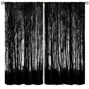 2pcs Gothic Black Forest Curtains, Gloomy Dark Forest Foggy Mysterious Pine Black Tree Forest Blackout Rod Pocket Window Treatments Drapes for Bedroom Living Room