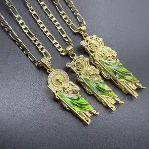 Pyrexta Jewelry San Judas Tadeo Chain Jesus Necklace Figaro Link 14K Gold Plated 5A Zirconia Saint Jude Pendant