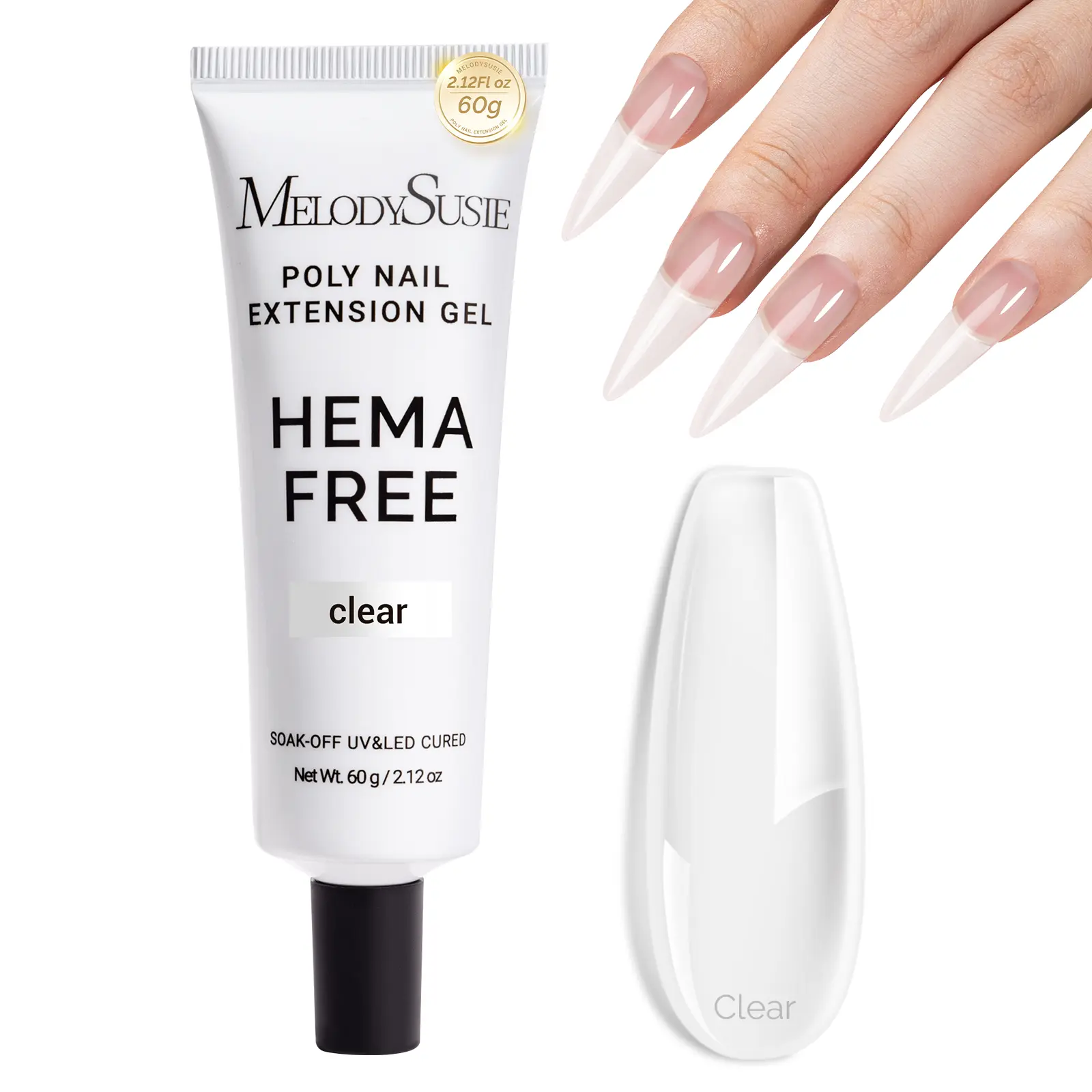 MelodySusie Poly Nail Extension Gel 60g HEMA & TPO Free Soak Off UV Lamp Cured Nail Thickening Art Design Manicure Gift for Women Clear