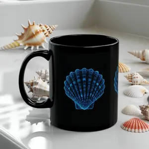 Digital Seashell Mug – Black Ceramic Coffee Cup with Vibrant Blue Glow Effect Seashell Design (Not Glow in the Dark), Coastal Tech Y2K Aesthetic, Dishwasher Safe Ocean Chic Gift for Beach Lovers, Gamers & Coffee Enthusiasts