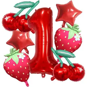 1st Birthday Girl – Red Foil Number 1,Cherry Balloons & Strawberry Balloons, Cherry Foil Balloons Arch Kit, Cherry Themed Party Decorations for Birthday Wedding Baby Shower