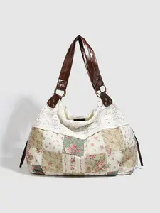 Small niche design retro fashion texture underarm bag, floral plaid patchwork fabric, lace lace design, large capacity elegant atmosphere single shoulder bag, suitable for beach vacation, shopping, and gatherings, Fashionable Shoulder Bag