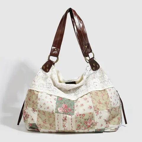 Rural style niche design floral pattern tote bag, retro lace lace design, large capacity lazy style fashionable personality exquisite style shoulder bag, suitable for beach vacation and outdoor travel, Fashionable Bags