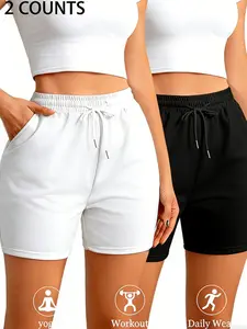 Women's Loose Fit Drawstring Shorts, Casual Knit Pockets Design, All-Season Comfortable Breathable Sportswear, Ideal for Gym Yoga Running