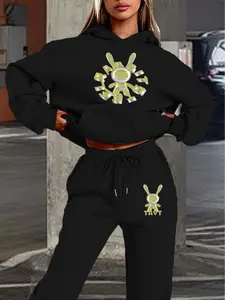 Women's Hooded Sweatshirt Set Outfit Womenswear, Autumn Winter Cartoon Rabbit Letter Print, Casual Fitted, Trendy Streetwear for Daily Wear